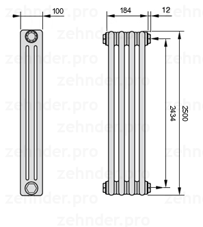 Схема (чертеж) Радиатор Zehnder Charleston 3250/4 №7610 Белый глянцевый RAL 9016